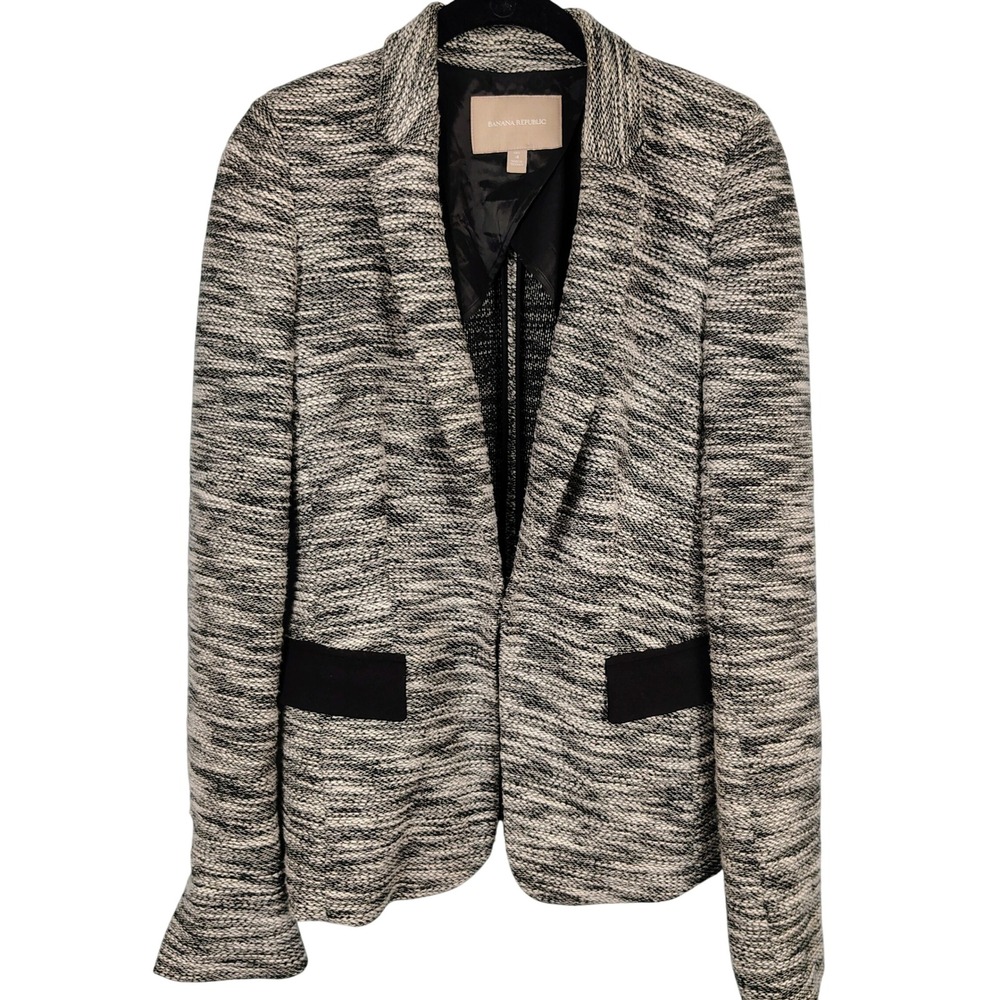Banana Republic Womens SZ 4 Tall Blazer Black White Textured Knit Officecore